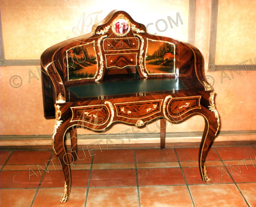 French Louis XV and Vernis Martin style revival ormolu-mounted, sans traverse veneer inlaid and porcelain plate desk after the model by Theodore Millet